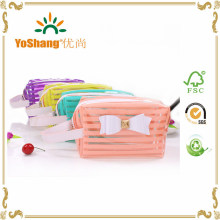 Wholesale Factory Price Beautiful Bow Decoration Clear PVC Cosmetic Bag with Strip Printing